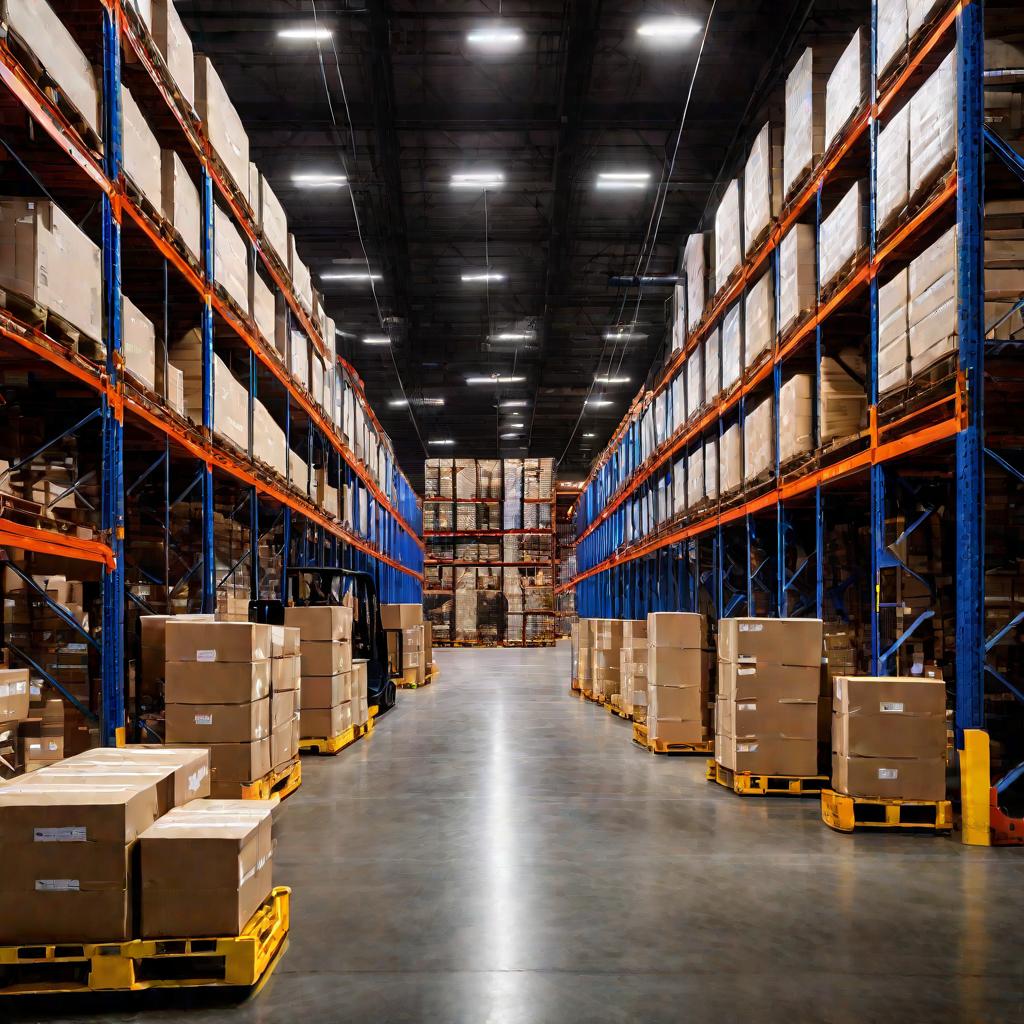 Драматичный широкий кадр склада с высокими потолками, бетонными полами и стеллажами