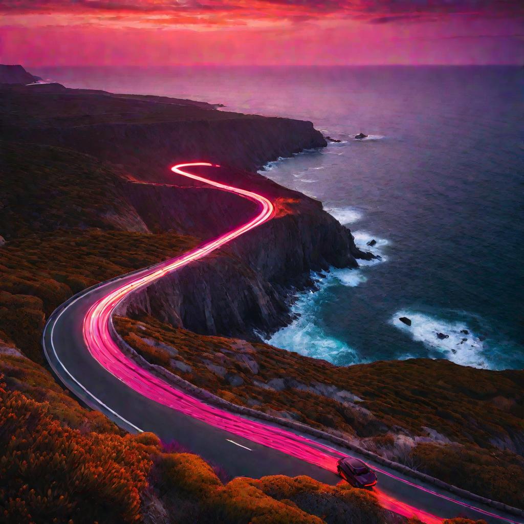 Машина на прибрежной дороге на закате