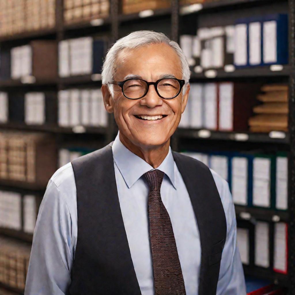 Пожилой бухгалтер улыбается