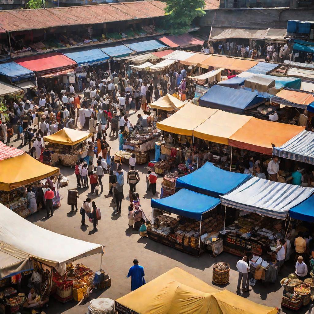 Вид сверху на оживленный уличный рынок электроники под открытым небом в солнечный летний день.