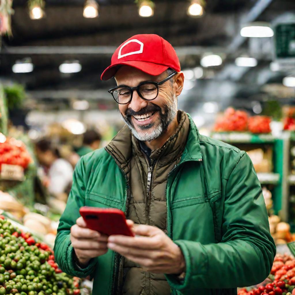 Портрет продавца электроники средних лет в красной кепке и зеленой куртке, демонстрирующего смартфон покупателю и энергично объясняющего что-то.