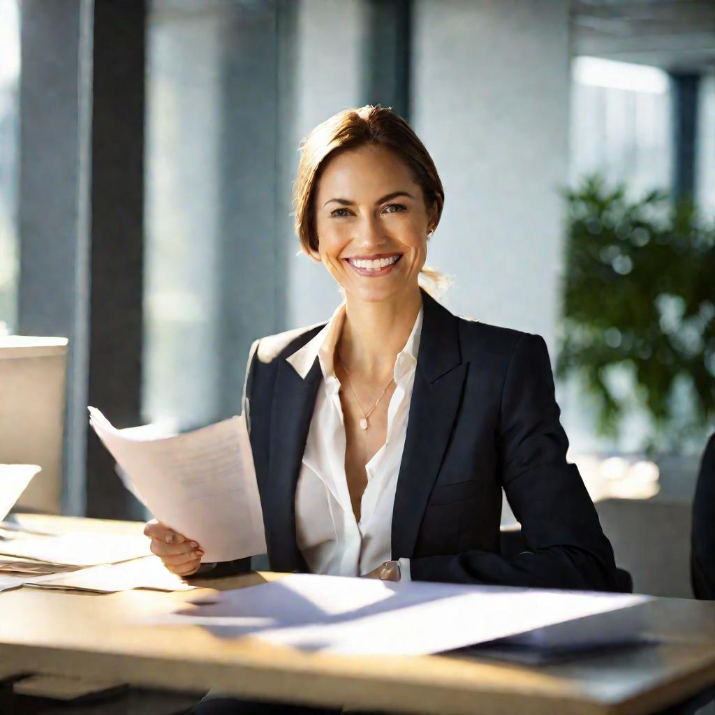 Портрет женщины в костюме, сидящей за столом в офисе и держащей документ. Она улыбается. Мягкий естественный свет идет из окна, создавая легкую линзовую бликов.