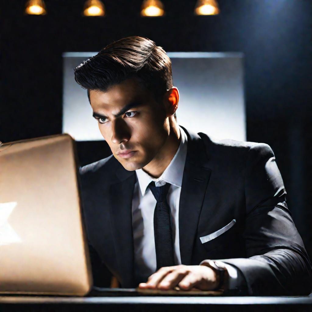 Портрет молодого бизнесмена за компьютером.