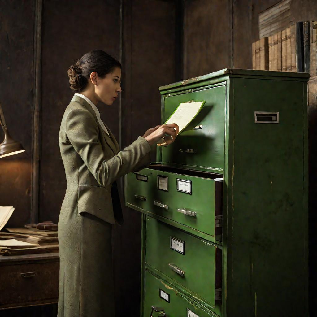 Женщина держит бухгалтерский журнал у старого архива