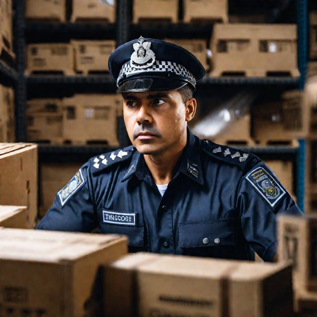 Крупный портрет таможенного инспектора в форме, с сосредоточенным взглядом проверяющего товары. Он освещен драматично сбоку. Инспектор проверяет содержимое открытого ящика на складе, заполненном ящиками и грузами.