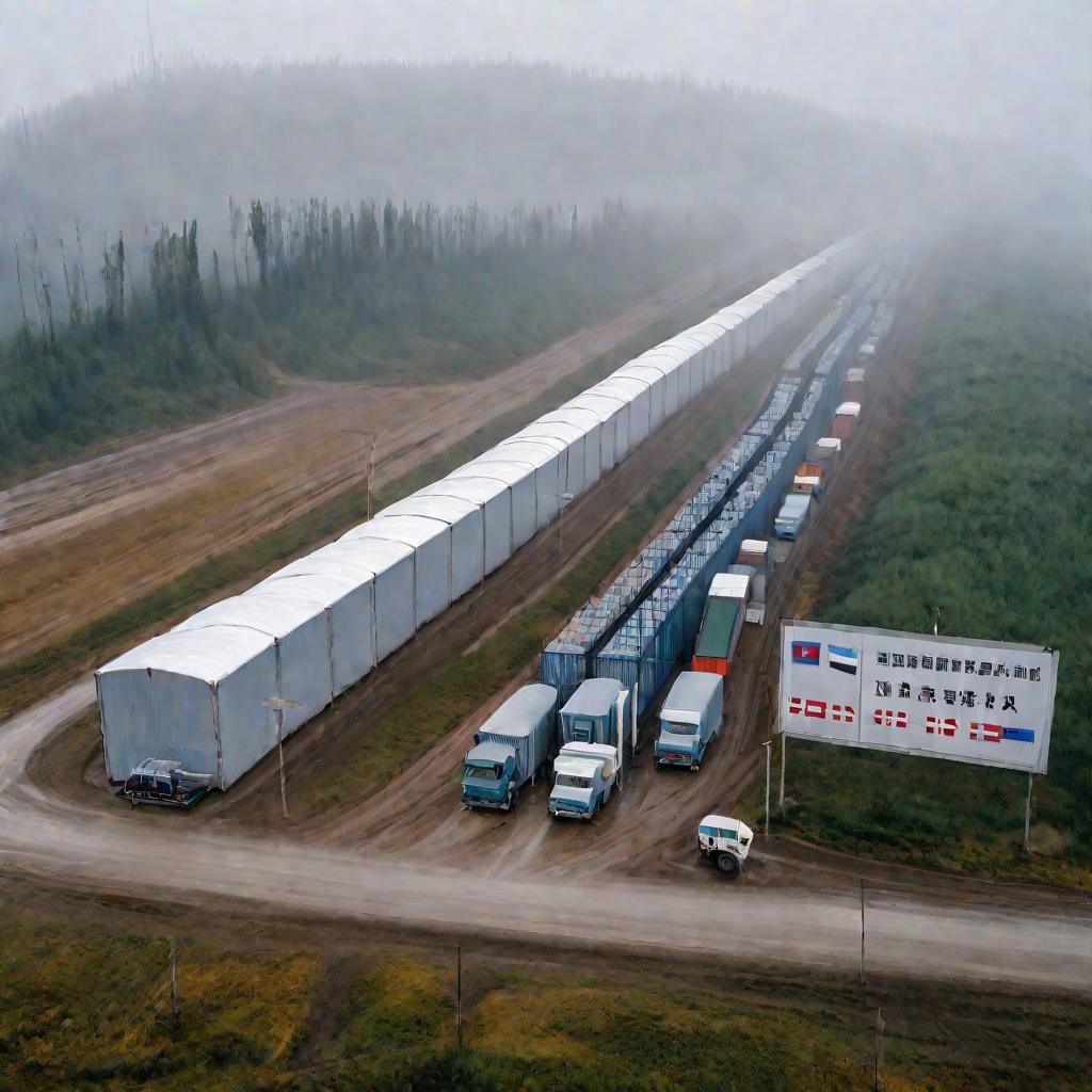 Вид сверху на таможенный пост на российско-китайской границе в туманное утро. Длинная очередь грузовиков ожидает пересечения границы, проверяемая таможенниками и пограничниками. Высокий пограничный забор уходит в туманную даль.