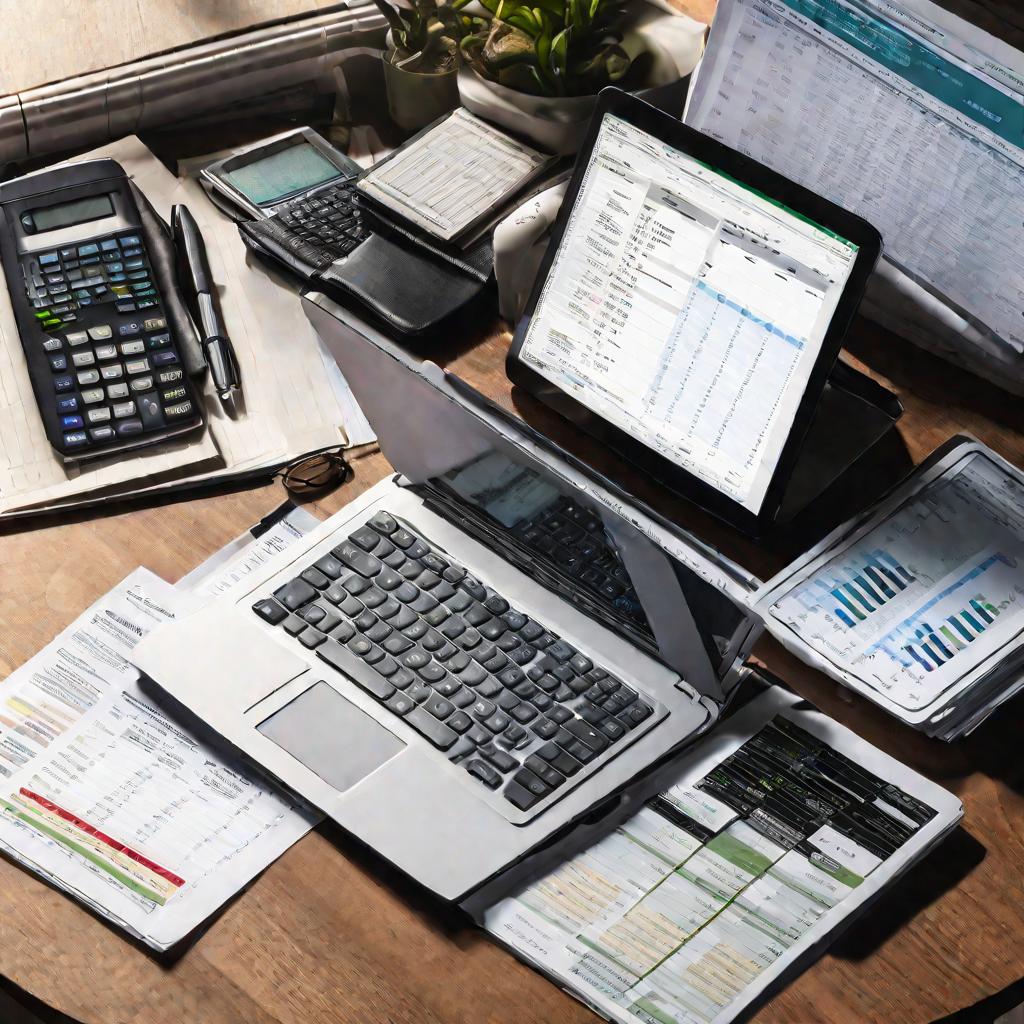 Вид сверху на ноутбук с таблицей и финансовыми расчетами