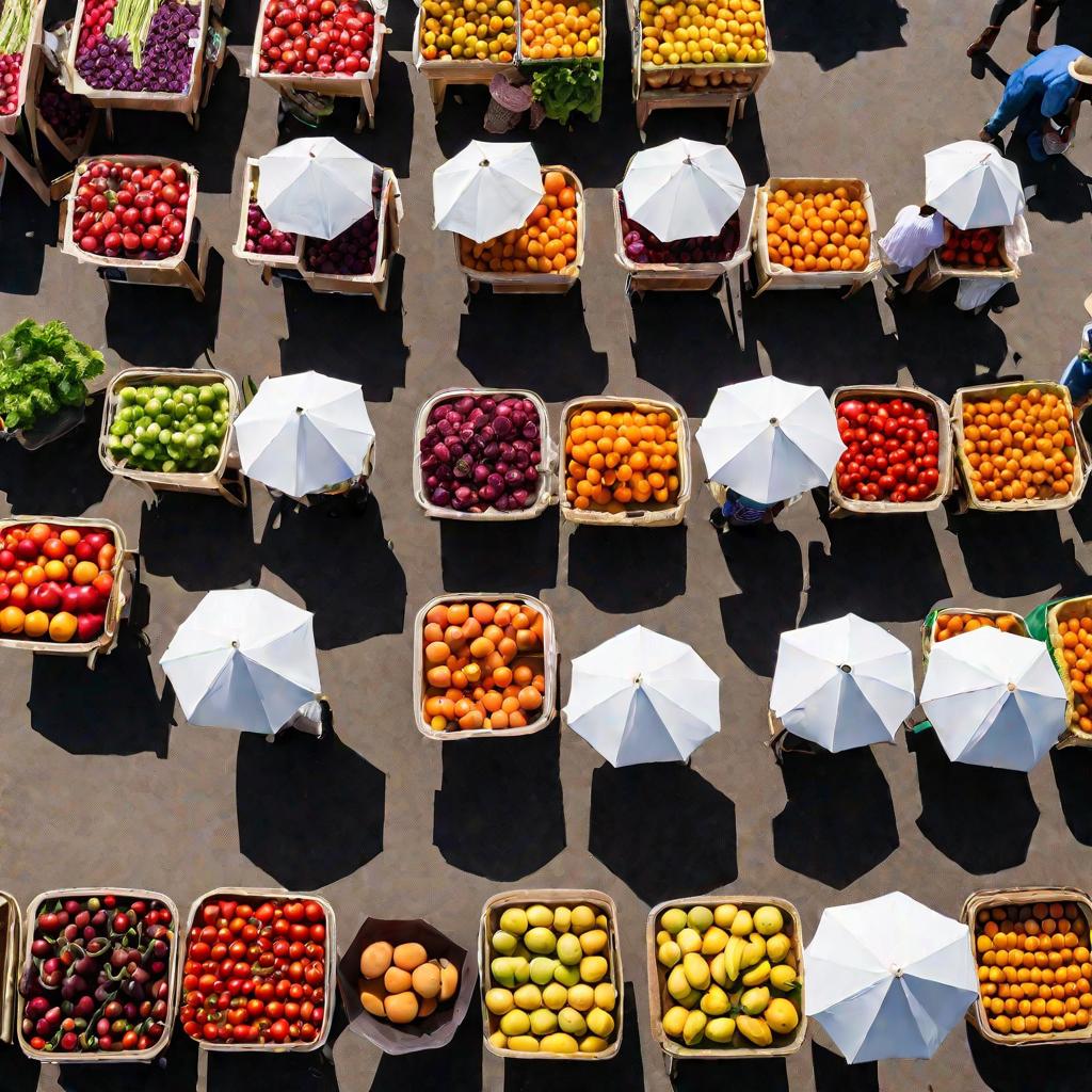 Рынок с яркими фруктами и овощами.
