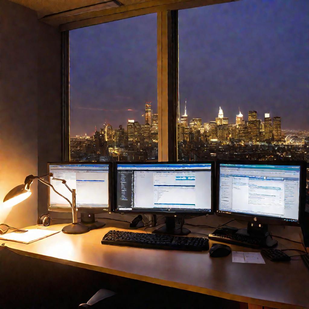 Окно офиса на закате с видом на город.