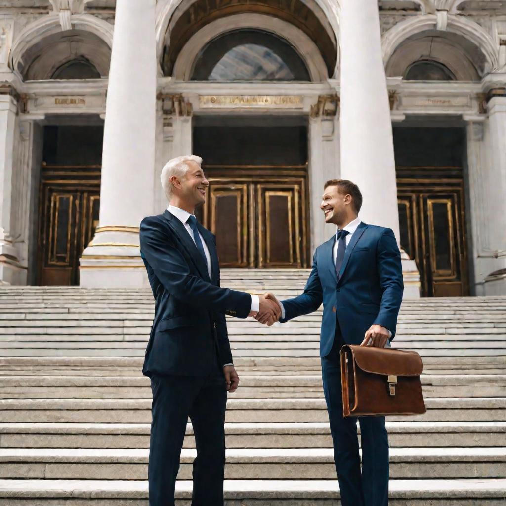 Рукопожатие бизнесменов у входа в банк