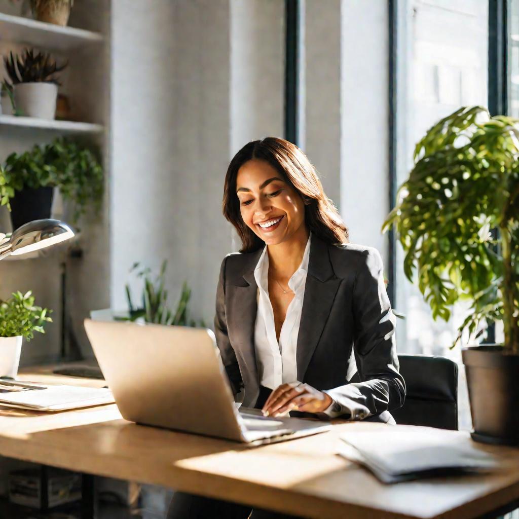 Женщина в деловом костюме сидит за столом в офисе, улыбаясь и печатая на ноутбуке. Солнечный свет льется в большие окна за ней, подчеркивая ее сосредоточенное выражение лица. Современное рабочее пространство оборудовано организованными полками, горшечными