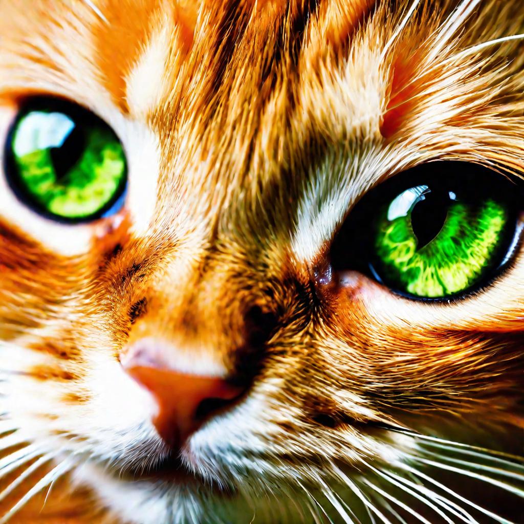 Крайний крупный план портрета милого пушистого рыжего котенка, смотрящего прямо в камеру своими ярко-зелеными глазами. Детализированная шерсть и тонкое освещение создают интимный момент, запечатленный в высоком разрешении.