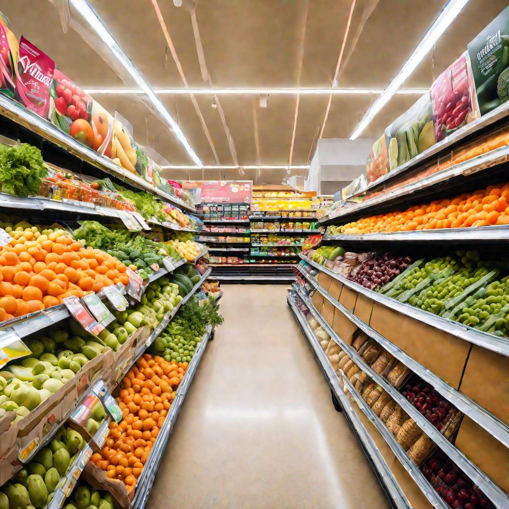 Широкий проход между полками в супермаркете с аккуратно разложенными товарами.