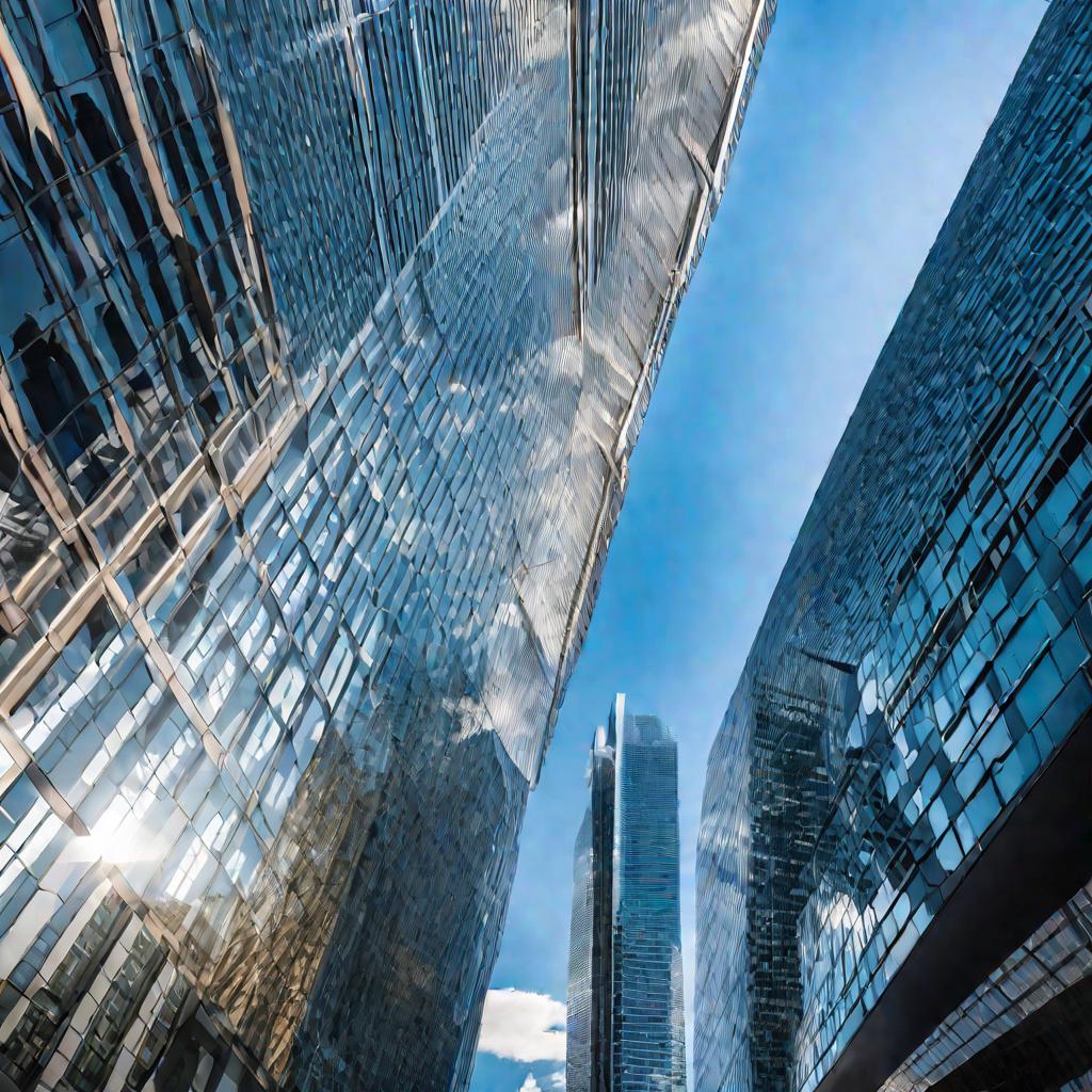 Городской пейзаж. Высокие стеклянные офисные здания отражают голубое небо и облачка. Люди идут по тротуарам внизу.