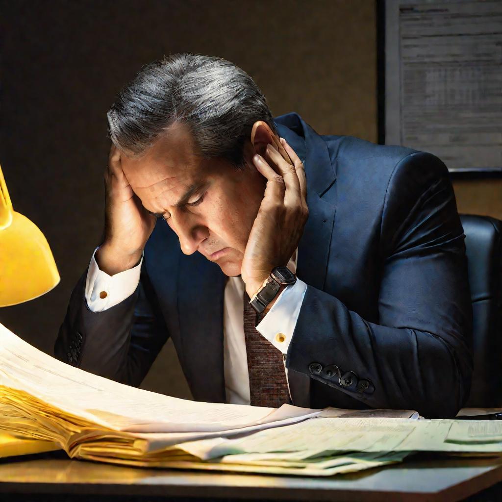Портрет озабоченного налоговыми формами мужчины в костюме ночью в офисе