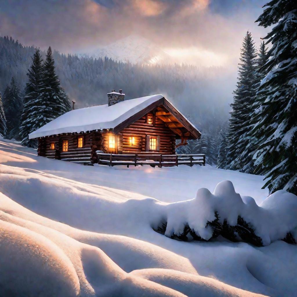 Зимний пейзаж с домиком в лесу на фоне заснеженных гор на рассвете