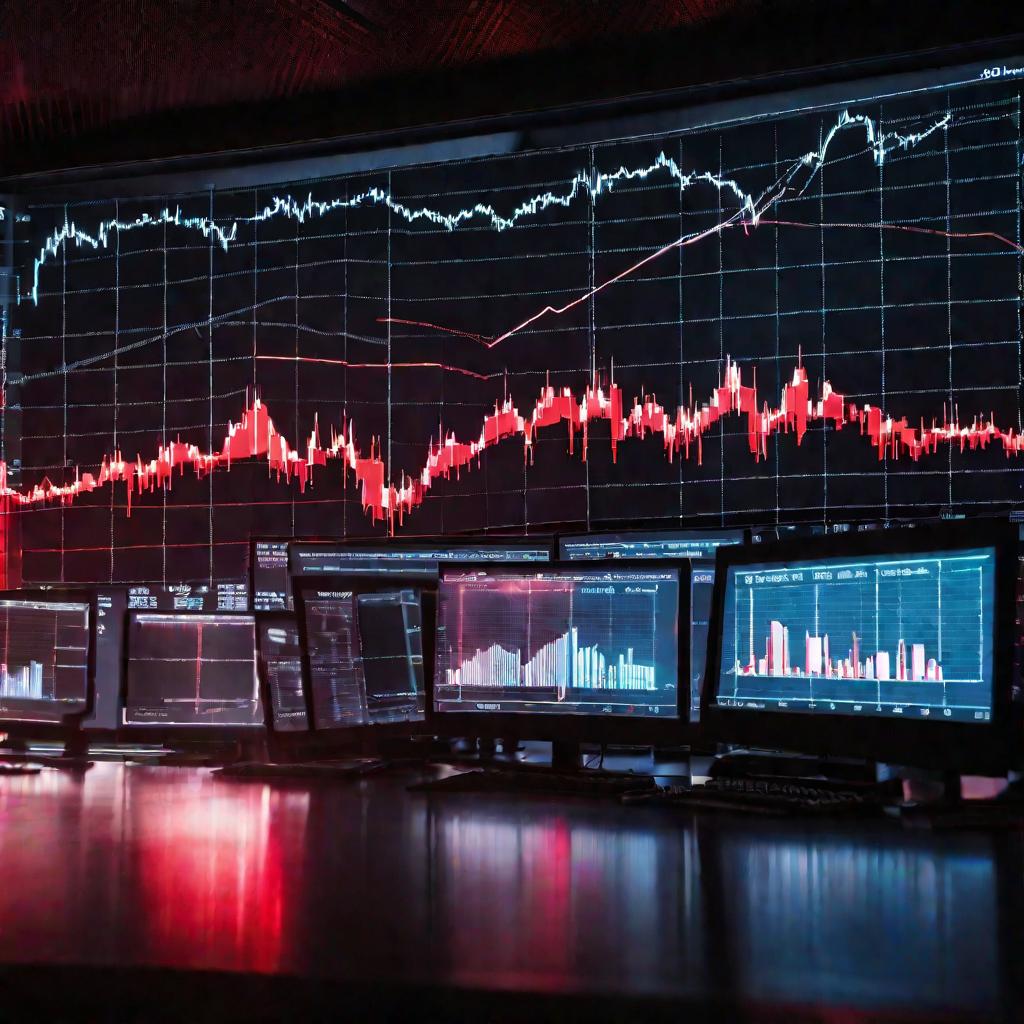 График спада на экране в темном офисе