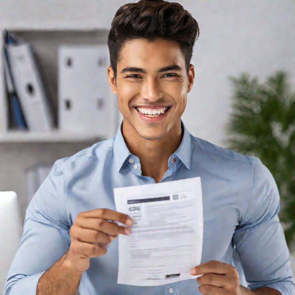 Молодой бизнесмен держит одобренные документы о регистрации компании на Госуслугах