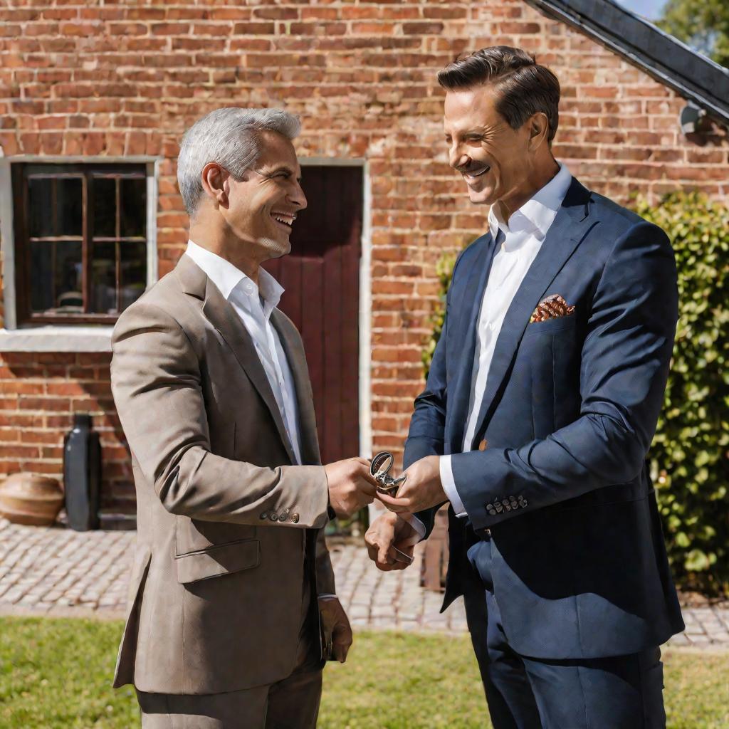 Мужчина в костюме передает ключи от гаража.