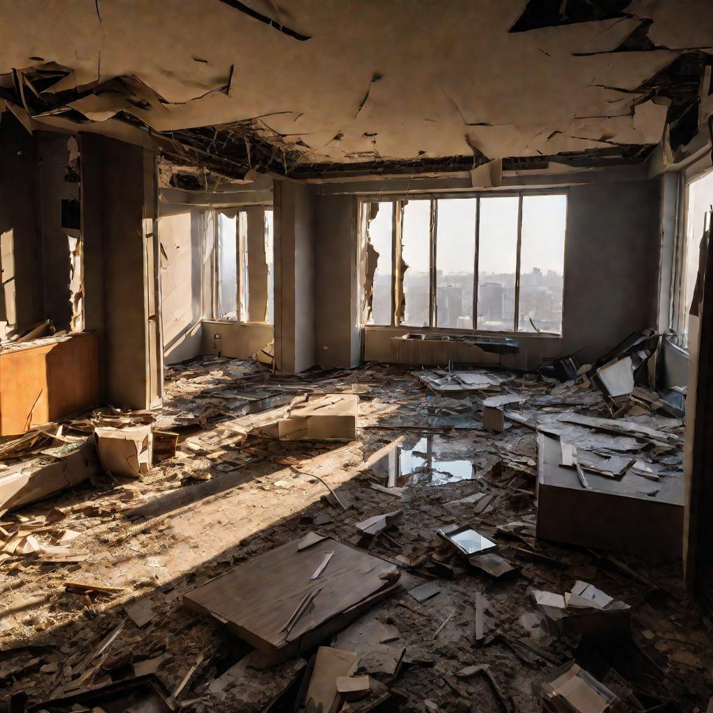 Общий план разрушенной после наводнения городской квартиры. Видно масштаб повреждений &ndash; полностью уничтожена мебель, отделка и напольное покрытие. Утренний свет создает контраст между разрухой и надеждой на обновление.