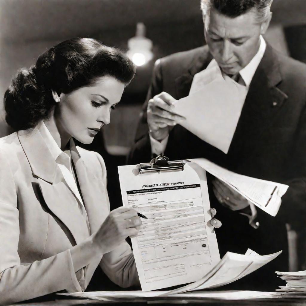 Крупный план рук женщины, держащей акт осмотра помещения на бланке с перечисленными членами комиссии. Брюнетка в деловом костюме внимательно изучает бумаги, на ее лице сосредоточенное выражение. Мягкое освещение выделяет четкие детали текста акта.