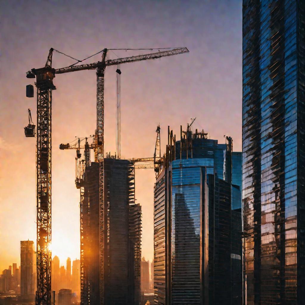 Силуэты кранов на фоне города в сумерках