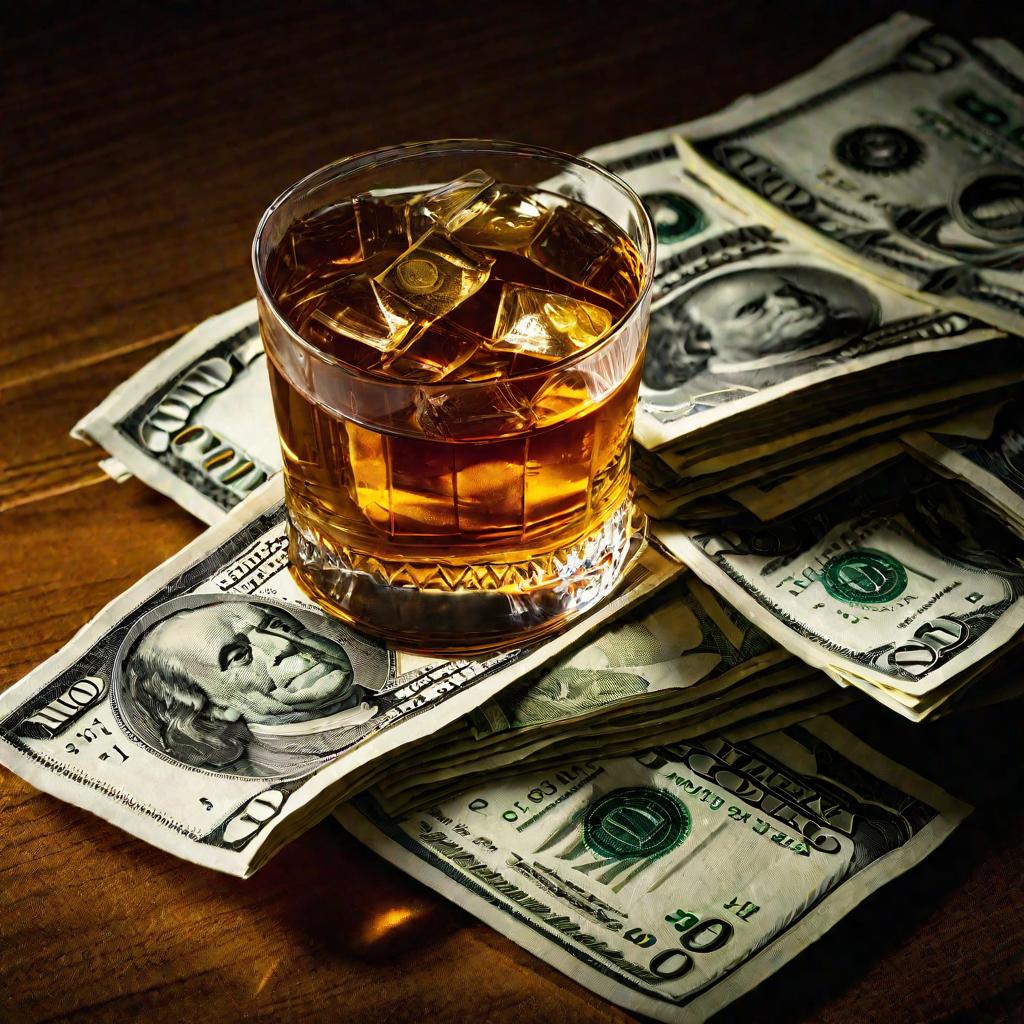 Стопка денег и стакан виски с акцизной маркой