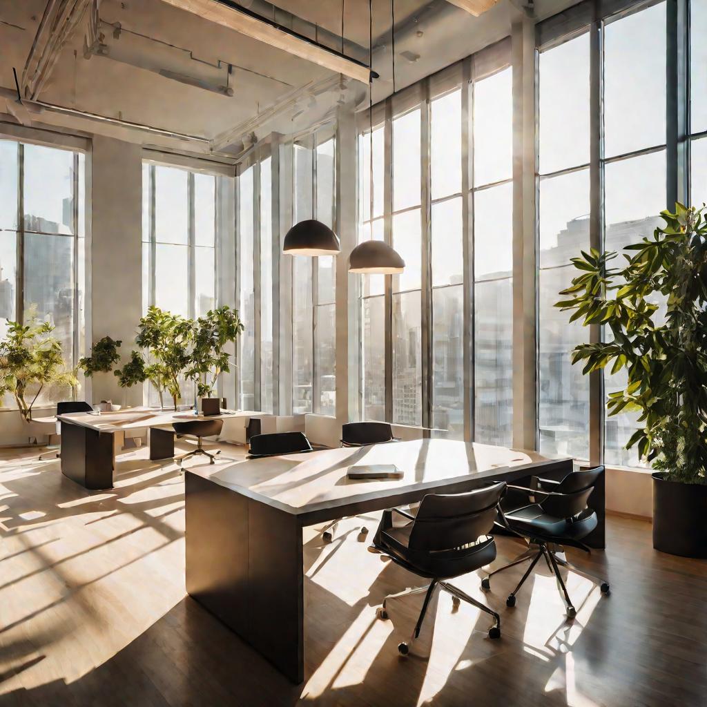 Офисный интерьер с конференц-залом, заливаемый солнечным светом из окон
