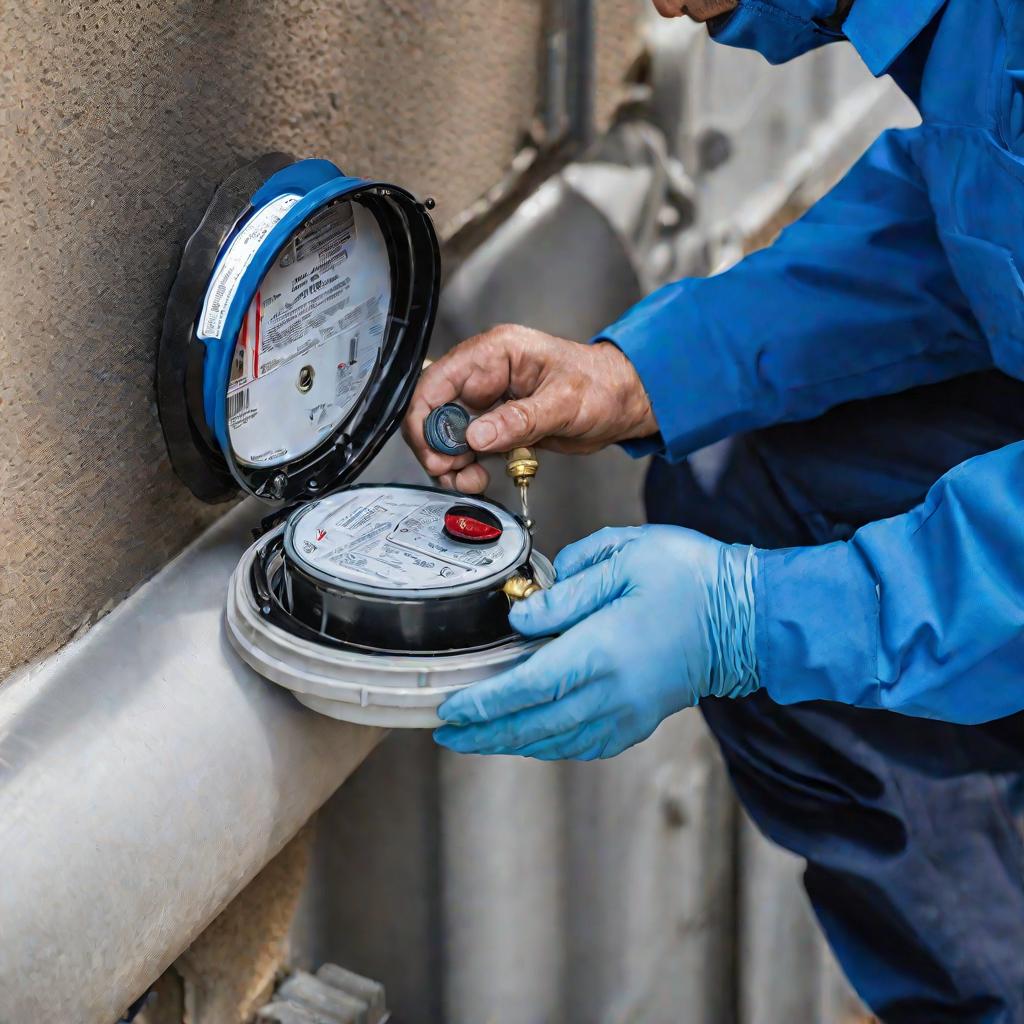 Рабочий опломбировывает счетчик воды