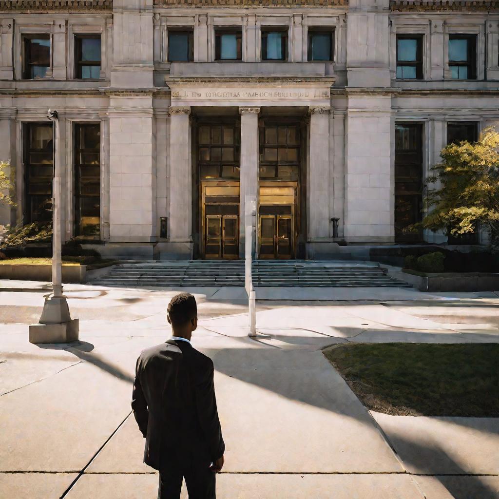 Молодой человек с бумагами в руках стоит перед входом в муниципальное здание на солнечной улице, готовясь подать документы на получение выписки.