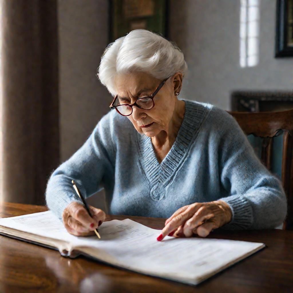 Пожилая женщина внимательно изучает полученную выписку из лицевого счета квартиры.