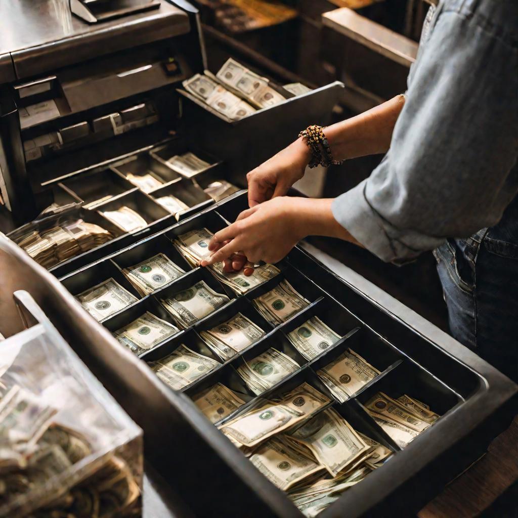 Вид сверху на кассира, считающего бумажные деньги и монеты в ящике кассового аппарата в магазине в нейтральном освещении