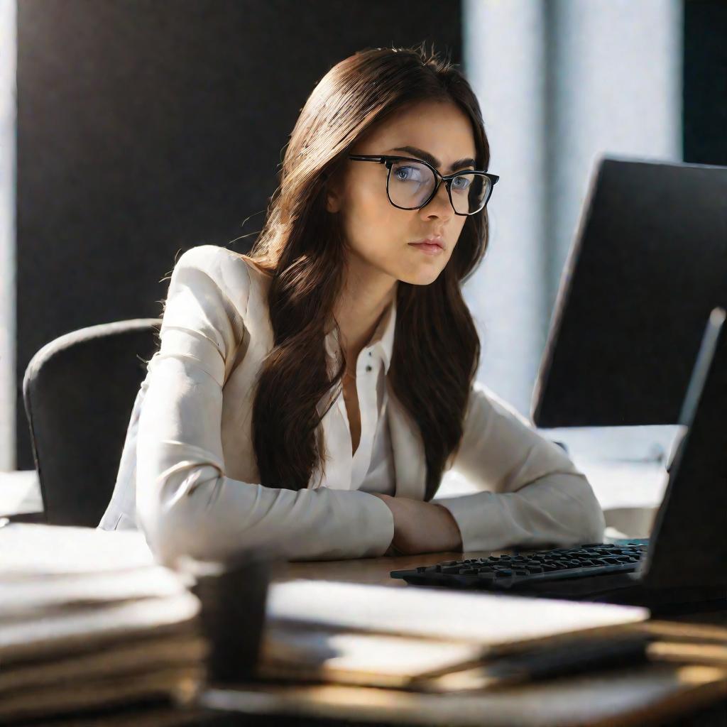 Портрет молодой женщины в деловом костюме, сидящей за столом и смотрящей на экран ноутбука. Она задумчиво подпирает подбородок рукой. Освещение мягкое, настроение сосредоточенное.