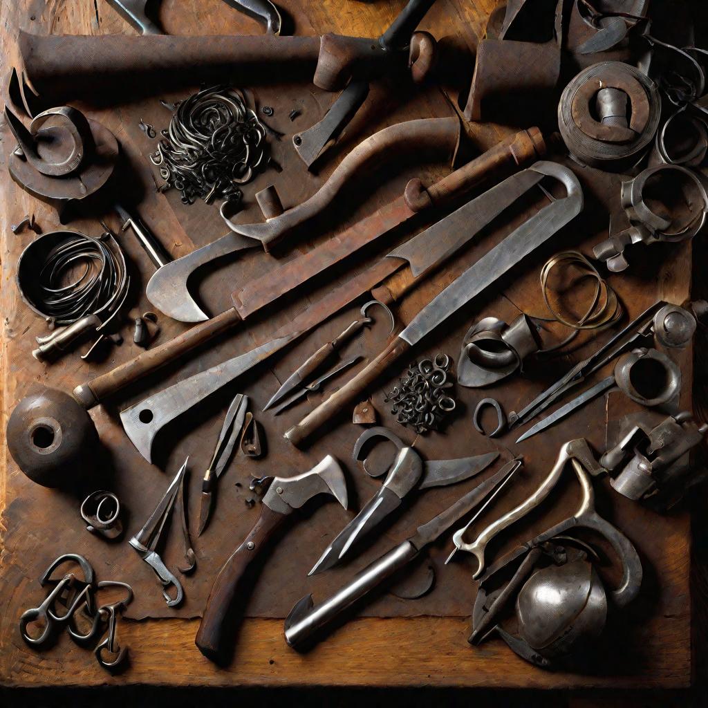 Стол кузнеца, заваленный инструментами