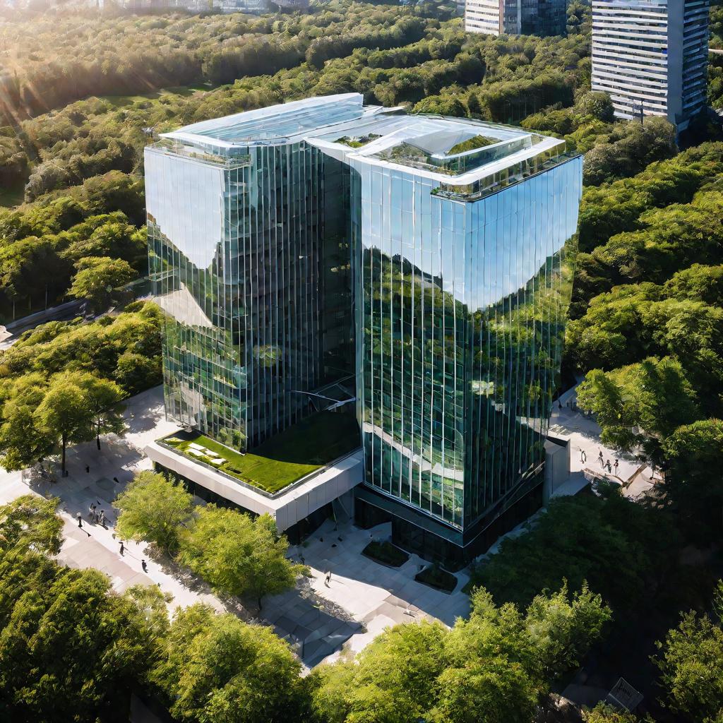 Сверху видно современное офисное здание среди других небоскребов.