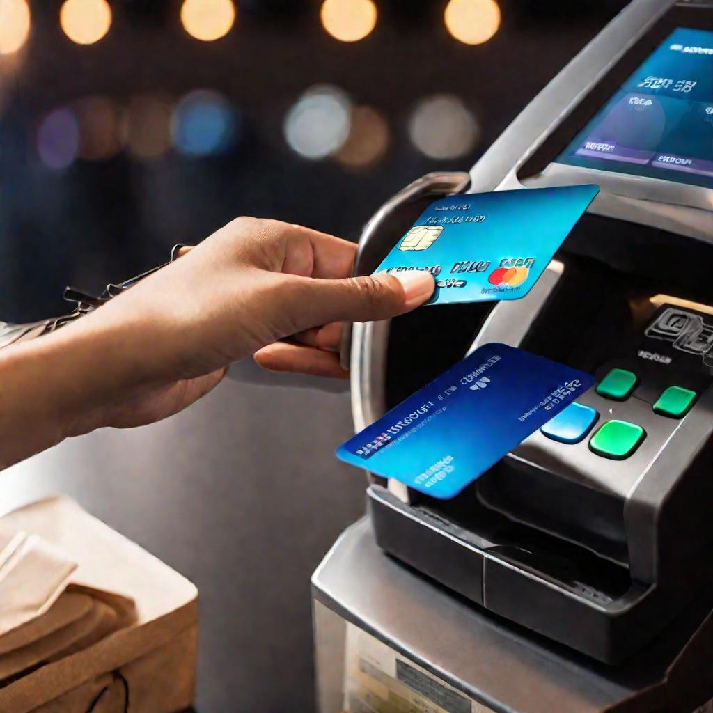 Рука оплачивает покупку кредитной картой через мобильный терминал.