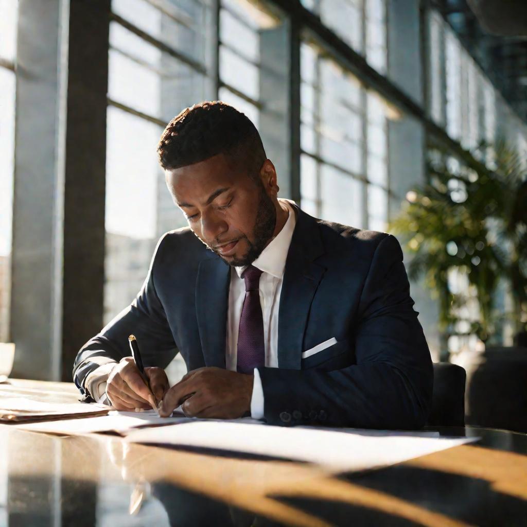 Бизнесмен в костюме подписывает документы о ликвидации компании в офисном конференц-зале днем при дневном свете.