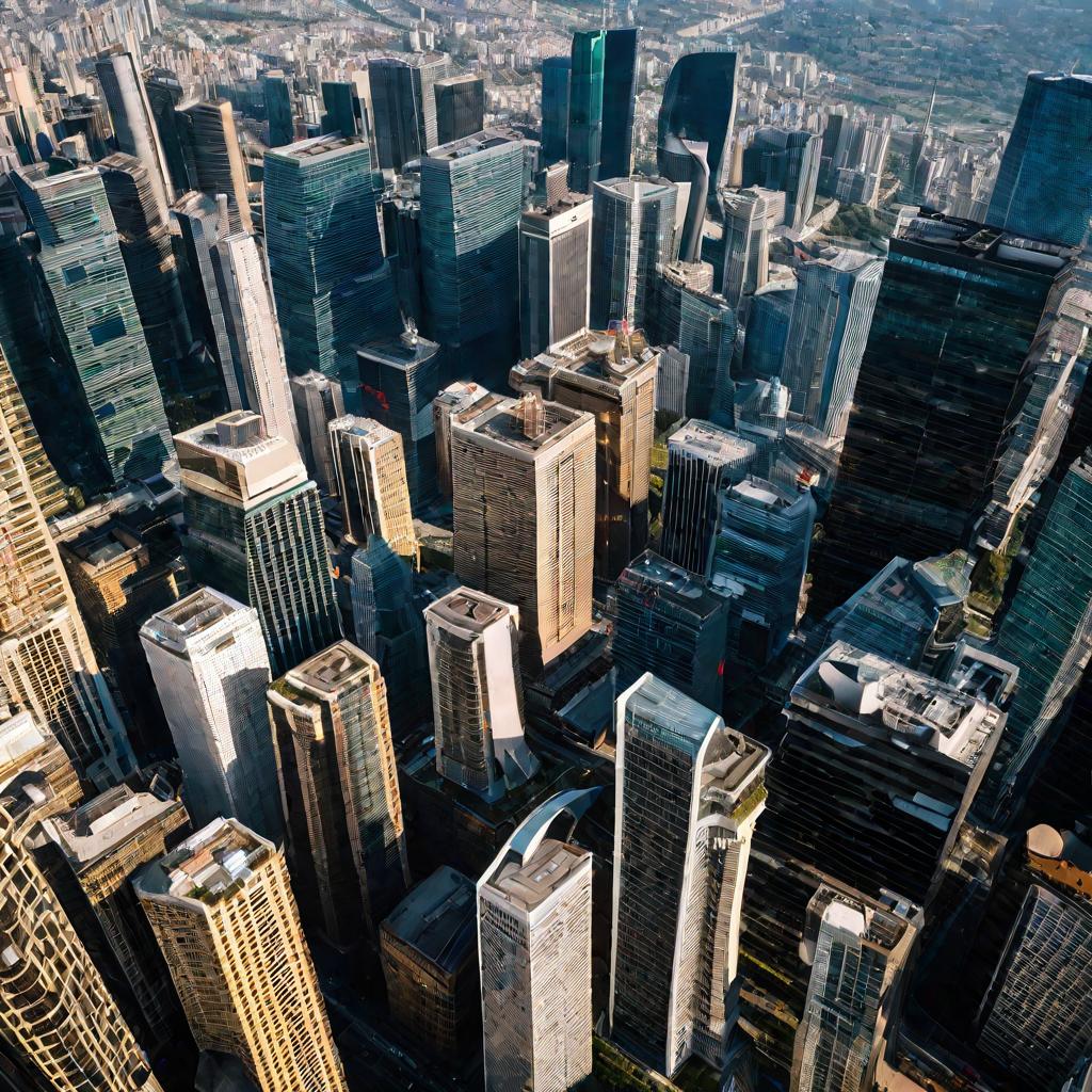 Вид сверху на город с небоскребами, на одном из которых висит табличка &laquo;на продажу&raquo;, что указывает на смену владельца бизнеса в солнечный день.