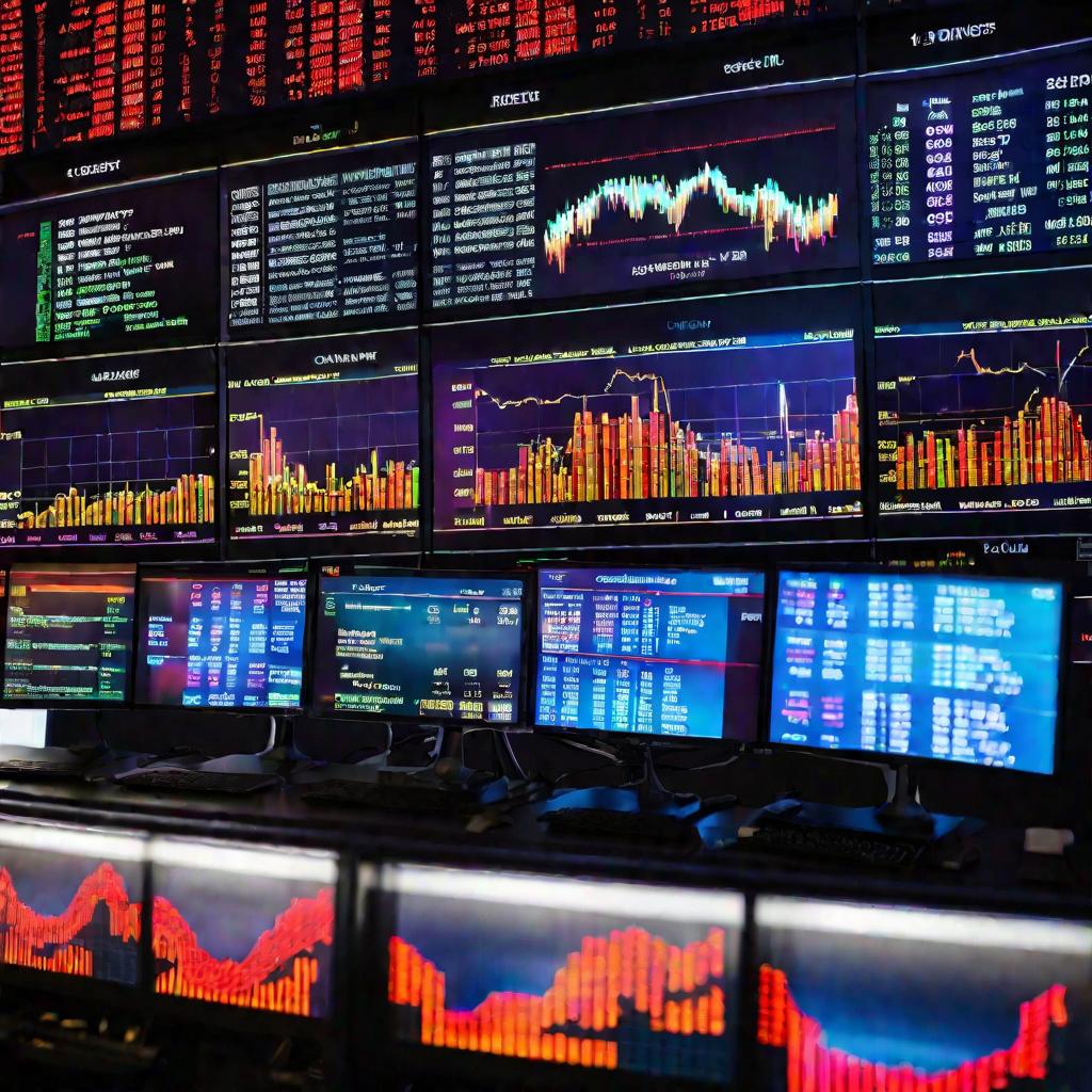 Биржевые терминалы с быстро движущимися цифрами курсов акций и финансовыми данными