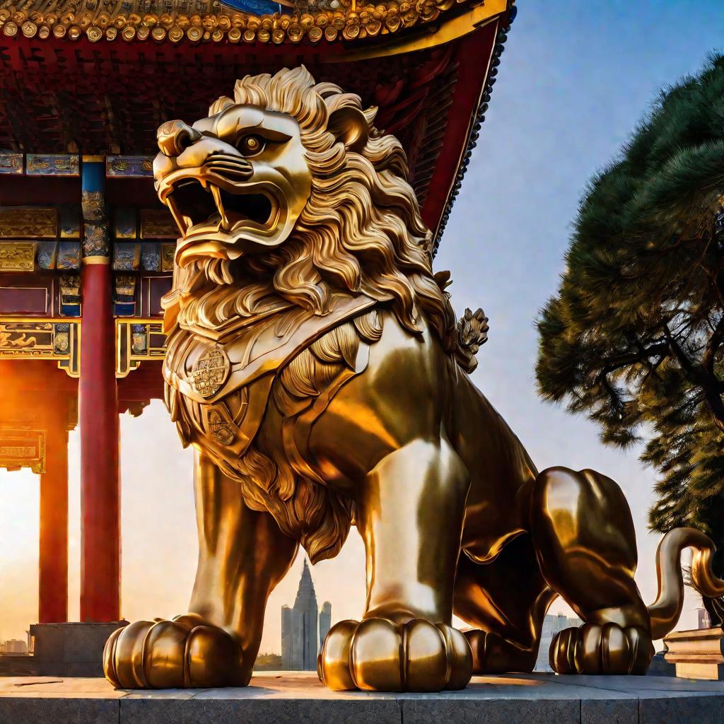 Золотисто-бронзовая статуя большого свирепого китайского хранителя льва у входа в важное здание в мягком закатном освещении во время синего часа, создающего теплую, но мощную атмосферу.