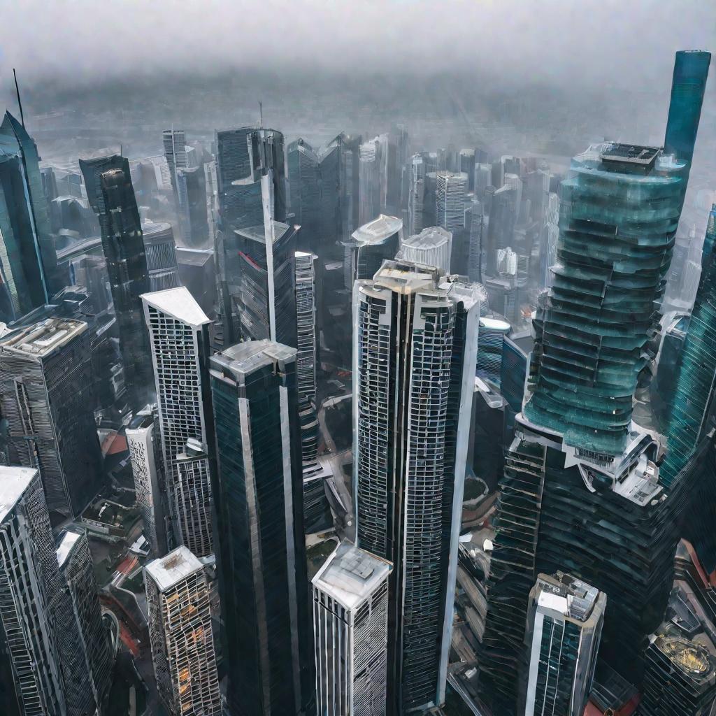 Впечатляющий драматичный туманный вид сверху на огромный современный финансовый небоскребный район с множеством высоких сверкающих зданий, в облачный день.