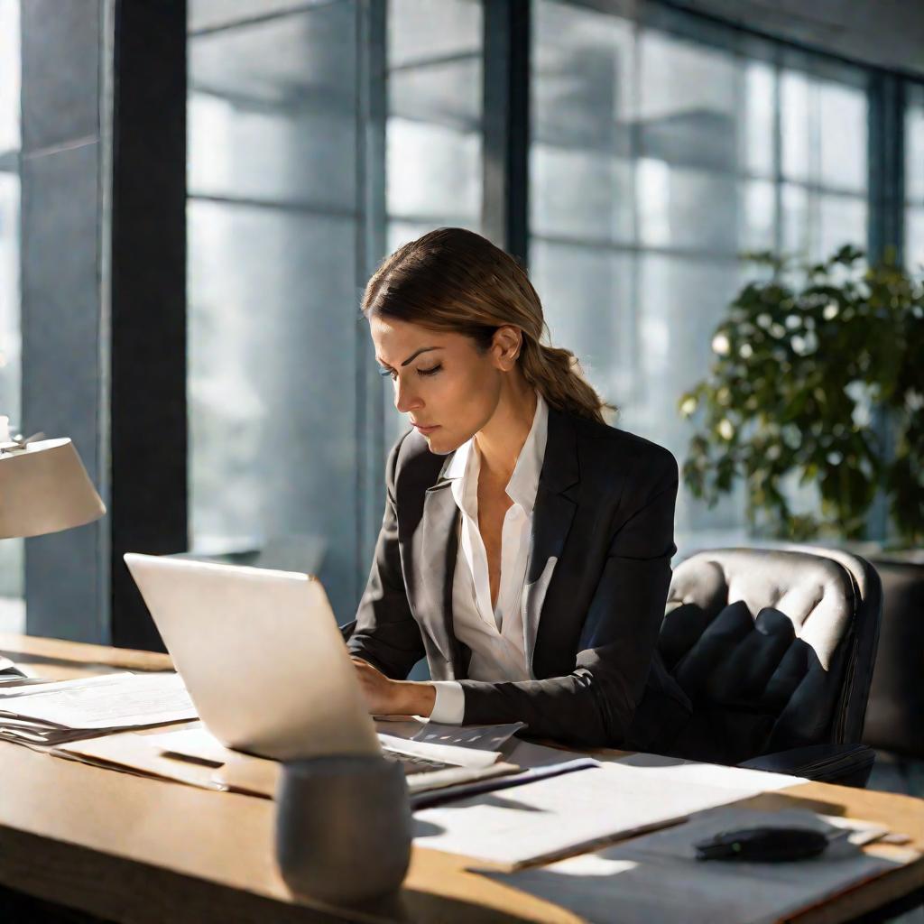 Женщина в деловом костюме сидит за столом в современном офисе и внимательно изучает бумаги