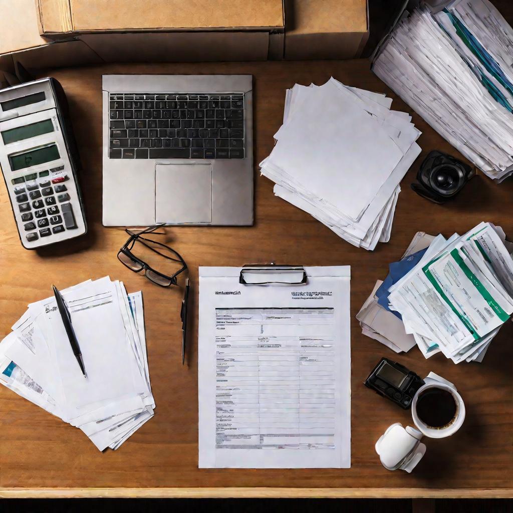 Аккуратно собранные стопки финансовых документов, счетов, налоговых деклараций и папок на большом деревянном рабочем столе