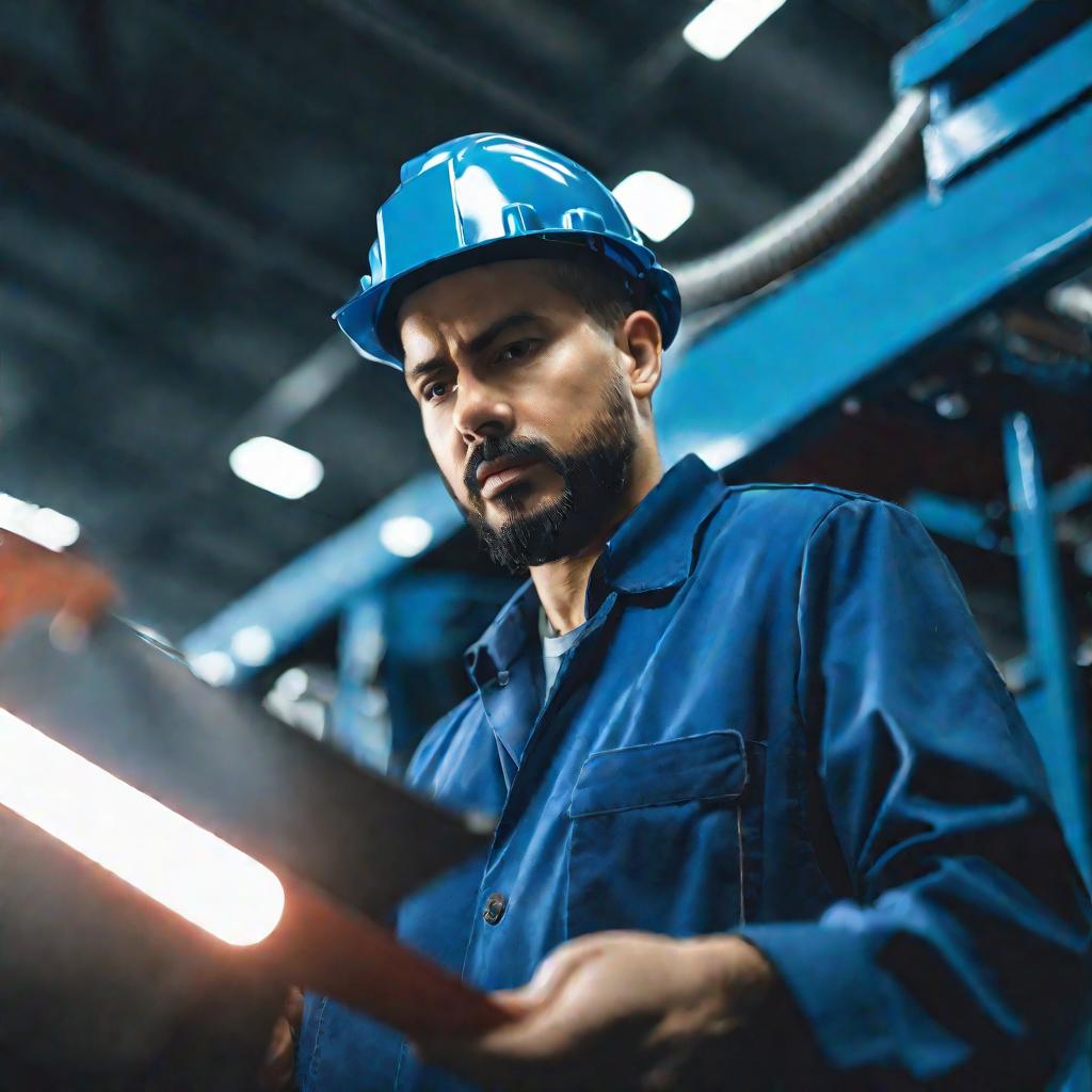 Рабочий на заводе проверяет детали промышленного оборудования на складе