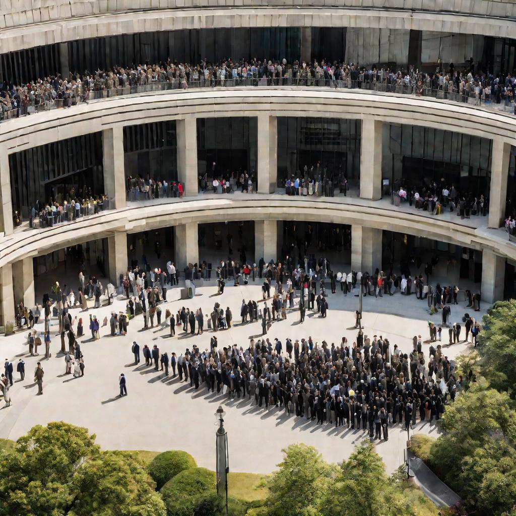 Очередь людей у здания с бумагами