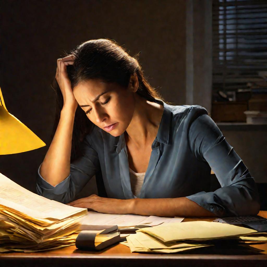Усталая женщина смотрит на бумаги ночью