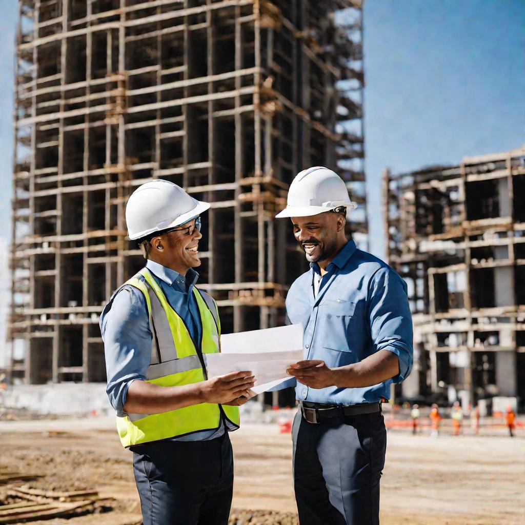 Рукопожатие строителей с документом на фоне построенного здания