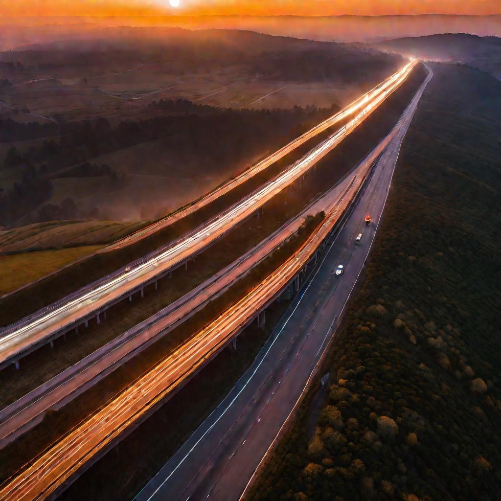 Вид сверху на шоссе в золотой час на закате солнца. Машины едут по шоссе с зажигающимися фарами.
