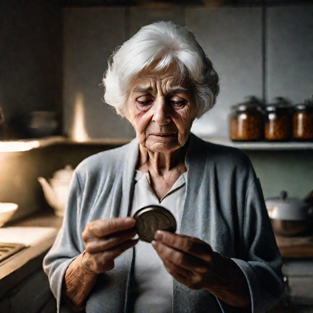 Портрет пожилой женщины с пустым кошельком