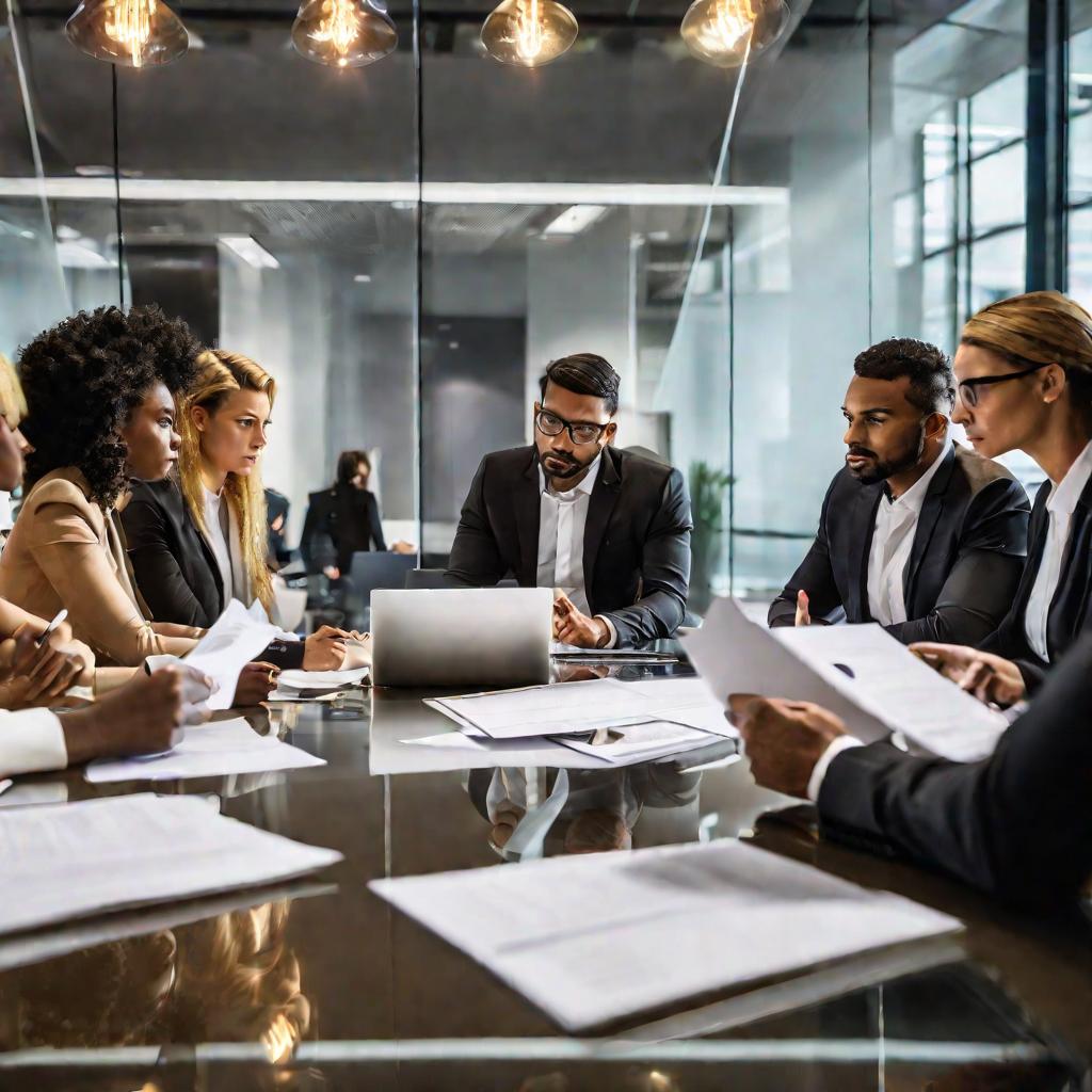 Вид снизу на команду профессионалов, проводящих срочное совещание